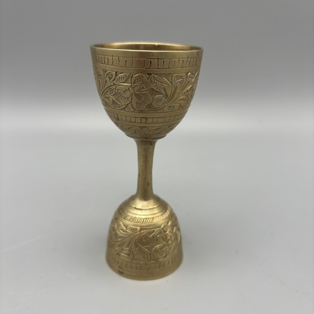 Antique Indian Early 19th Century Brass Double Measuring Cup W/ Intricate Design